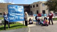 Blockading a DSEi exhibitor in Hastings on the first day of the fair in 2011